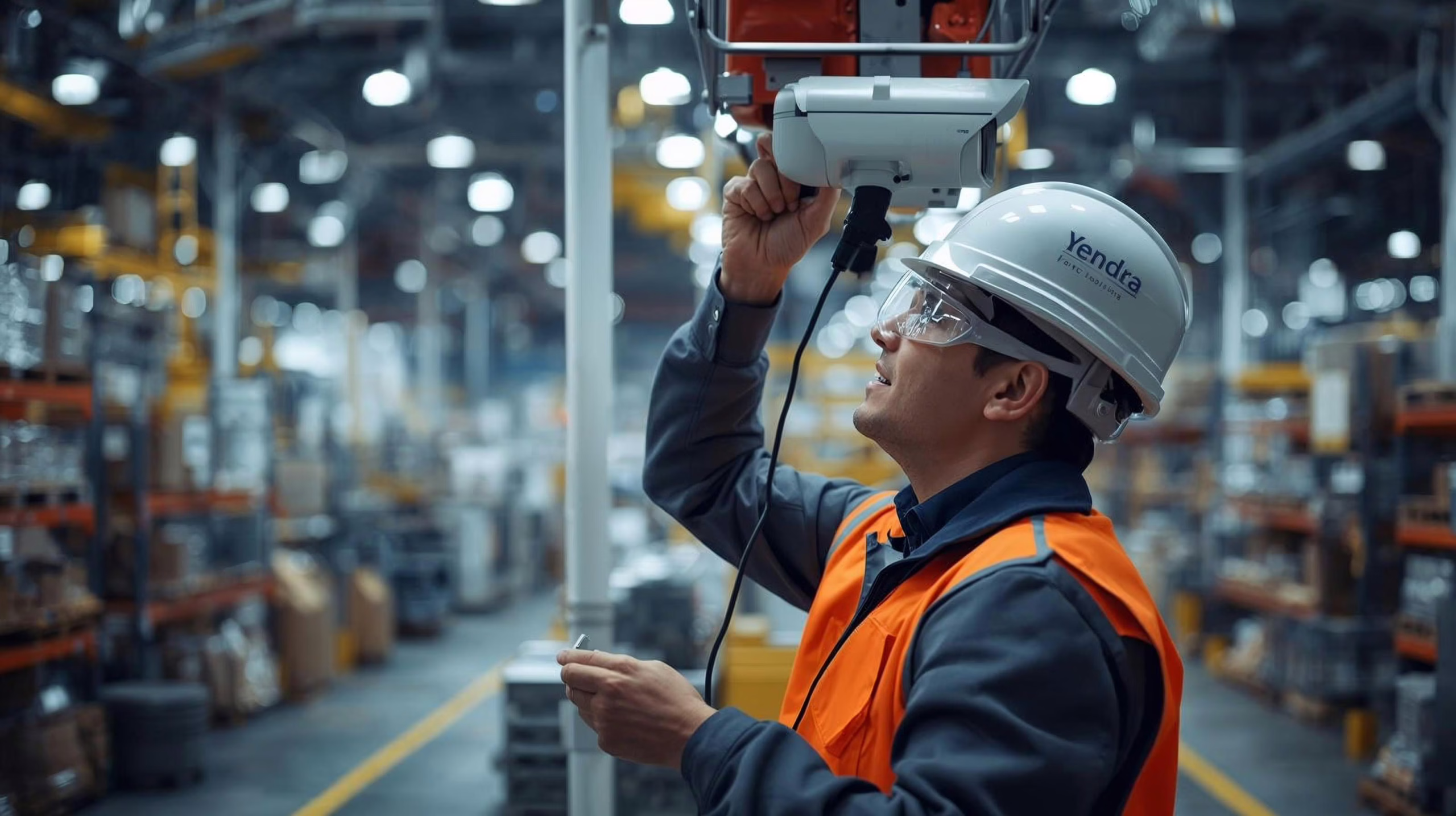 Yendra technician installing a CCTV camera system in a factory