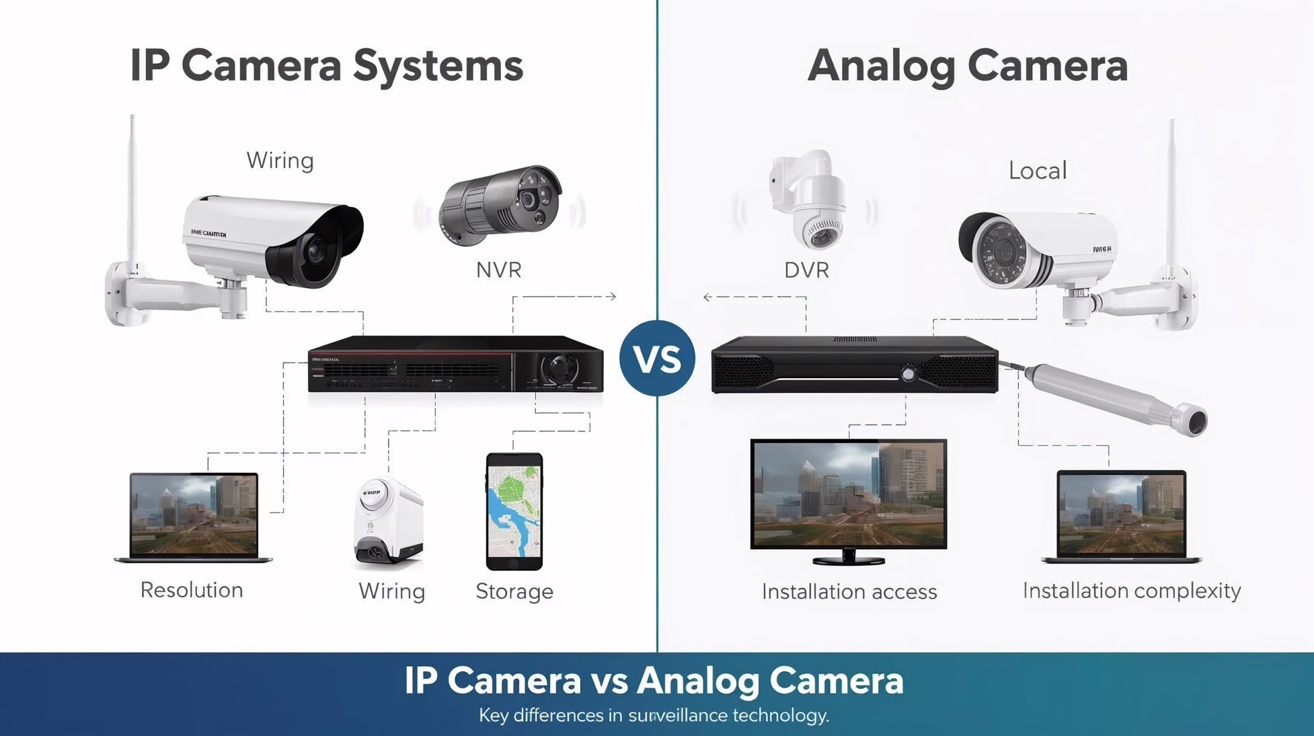 IP camera vs analog camera comparison diagram showing DVR and NVR systems
