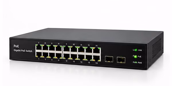 PoE network switch connecting factory CCTV cameras