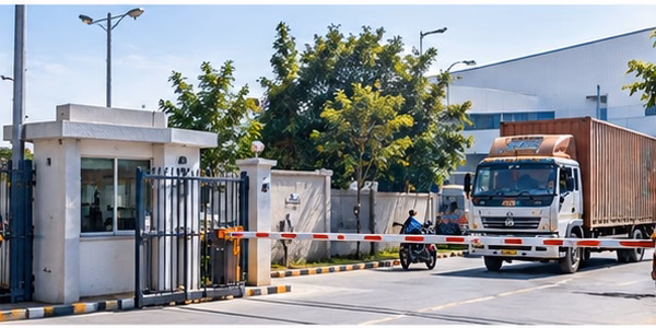 Factory entry and exit gate with vehicle access