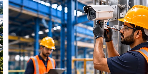 Engineer assessing a factory to plan the number of CCTV cameras