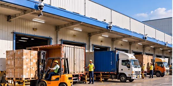 Factory loading and dispatch bay with trucks