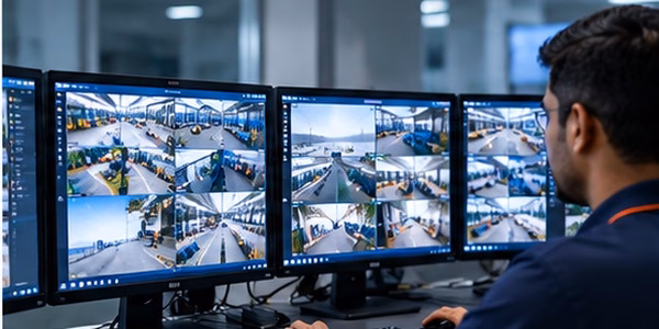 Factory CCTV system components: NVR, monitors, network switch and storage