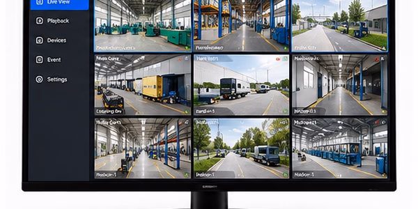 CCTV monitoring screens showing live factory footage