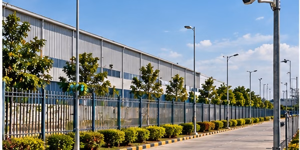 Factory yard and perimeter fence monitored by outdoor CCTV
