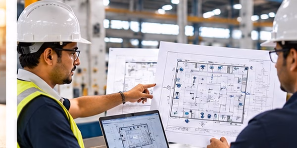 Engineers reviewing a factory CCTV layout drawing