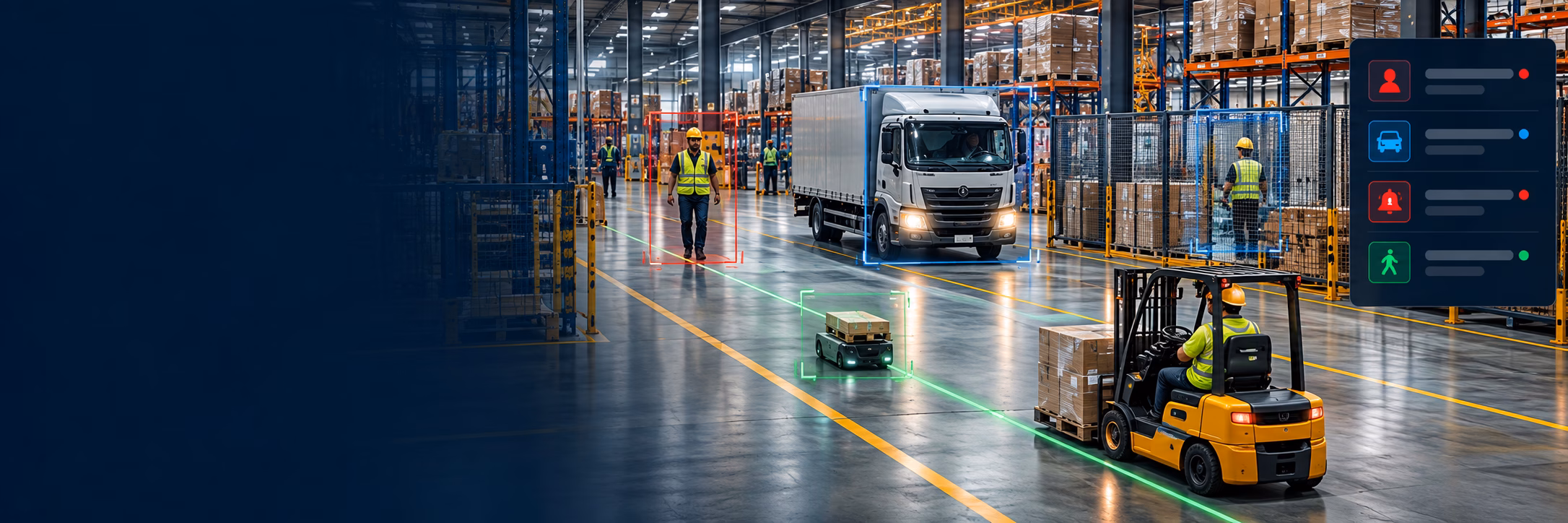 AI CCTV detecting people, vehicles and restricted-zone activity on a factory floor