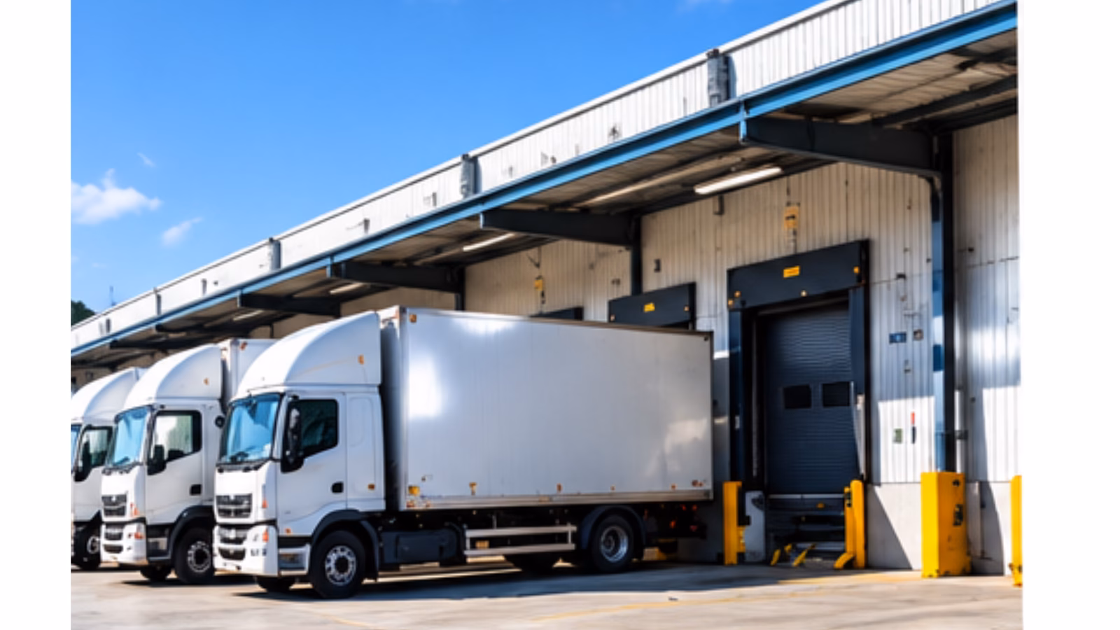 Logistics and distribution warehouse with trucks at the loading dock