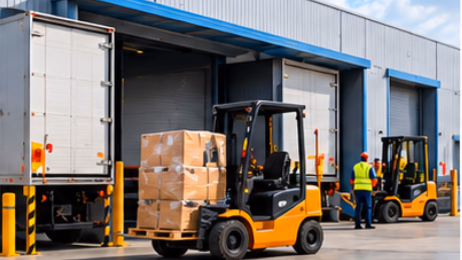 Forklift loading goods onto a truck at a warehouse dock