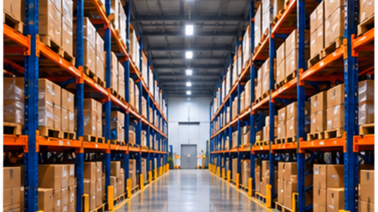 Long, narrow warehouse aisle between racks