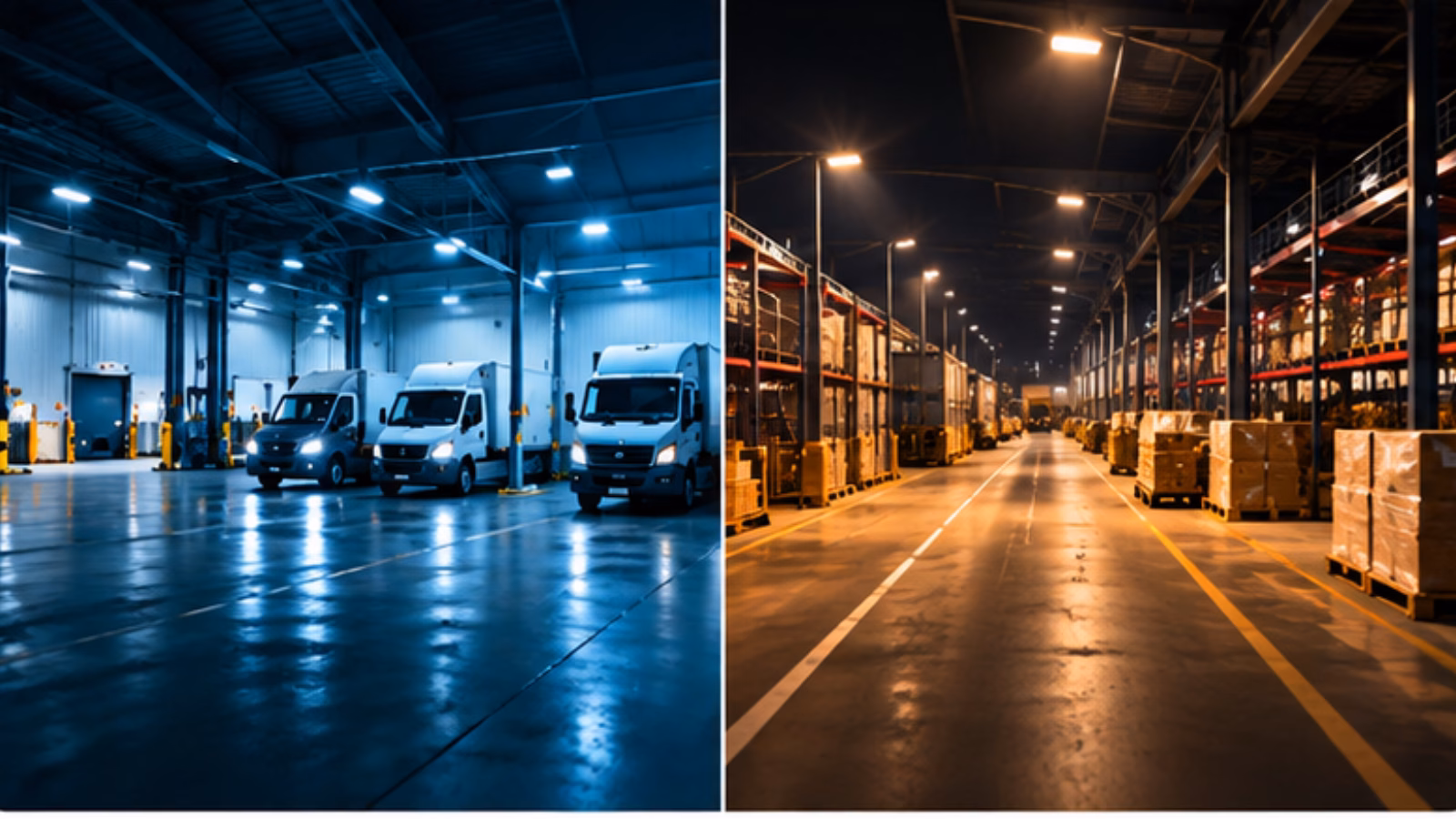 Warehouse loading area in day and night lighting