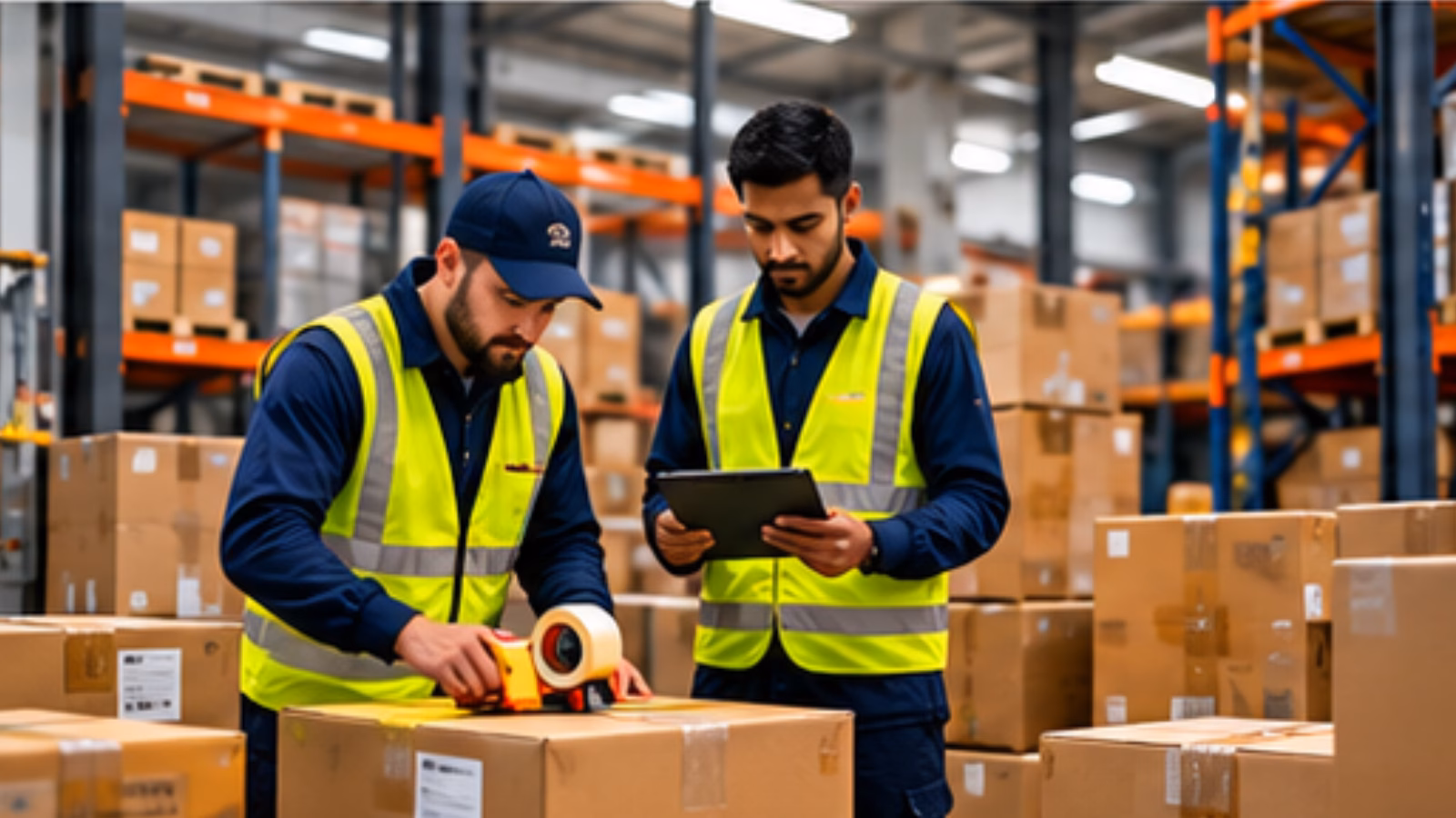 Staff preparing packed goods for dispatch