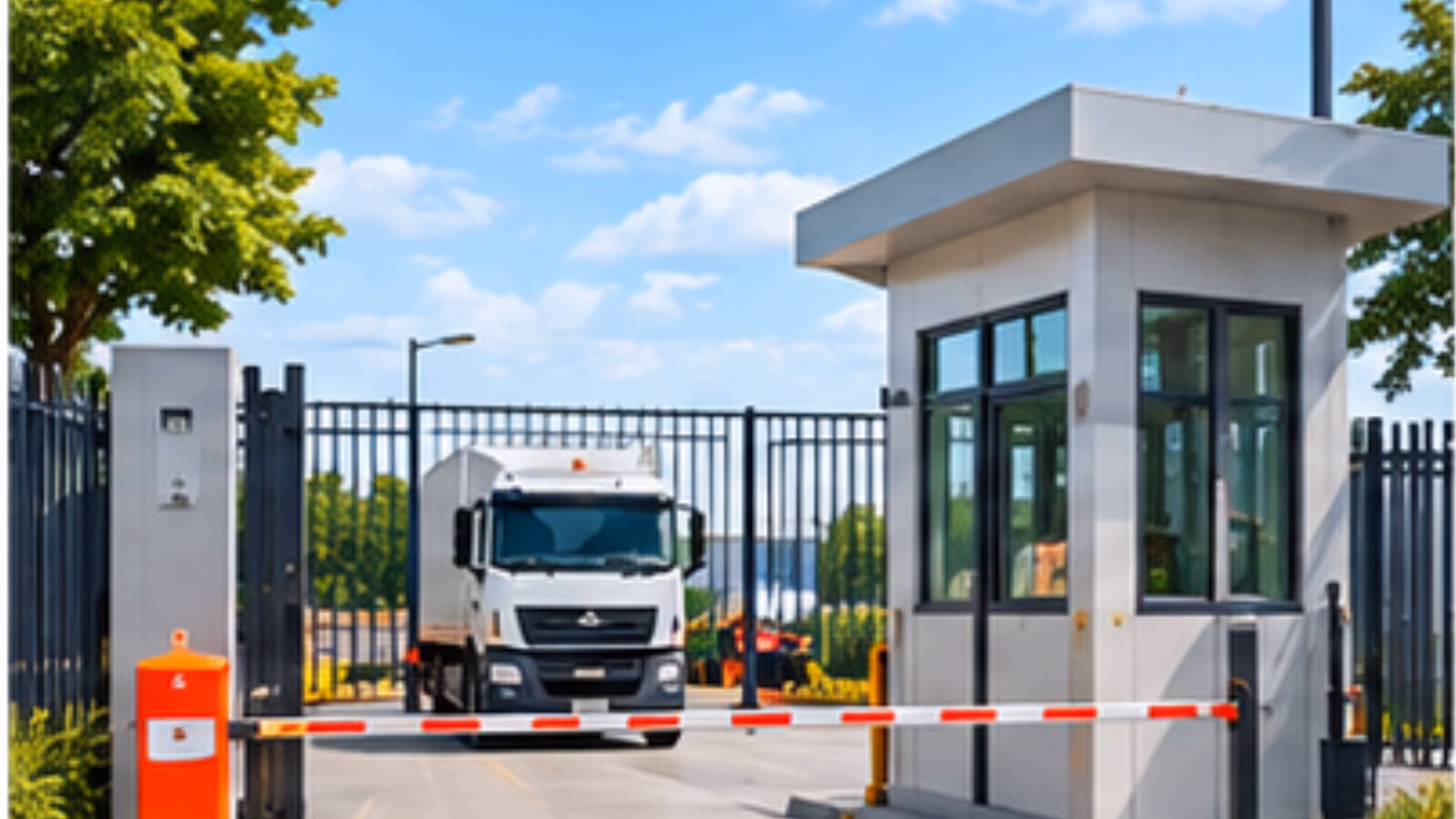 Warehouse gate with vehicles and people entering