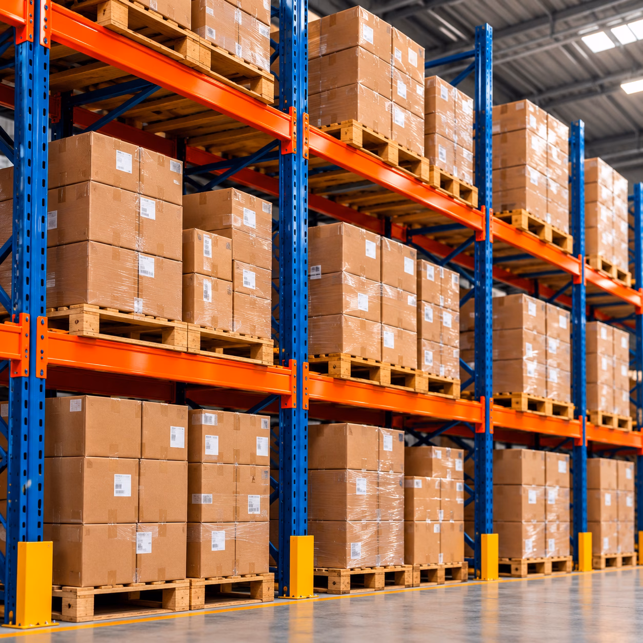 Warehouse inventory stored on racks