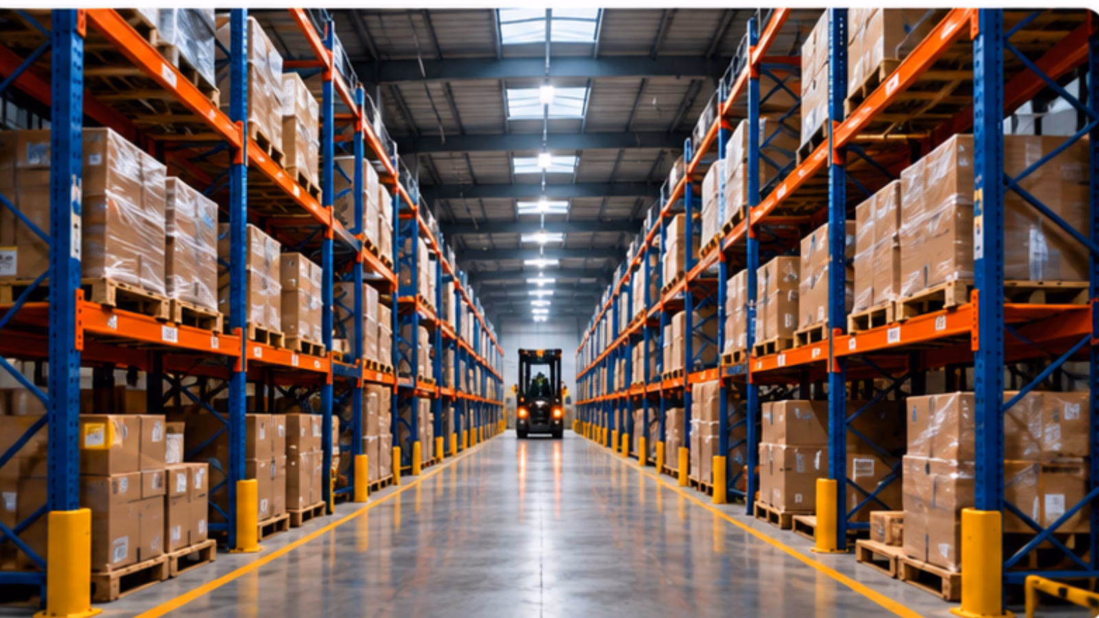 Long warehouse aisle viewed by CCTV