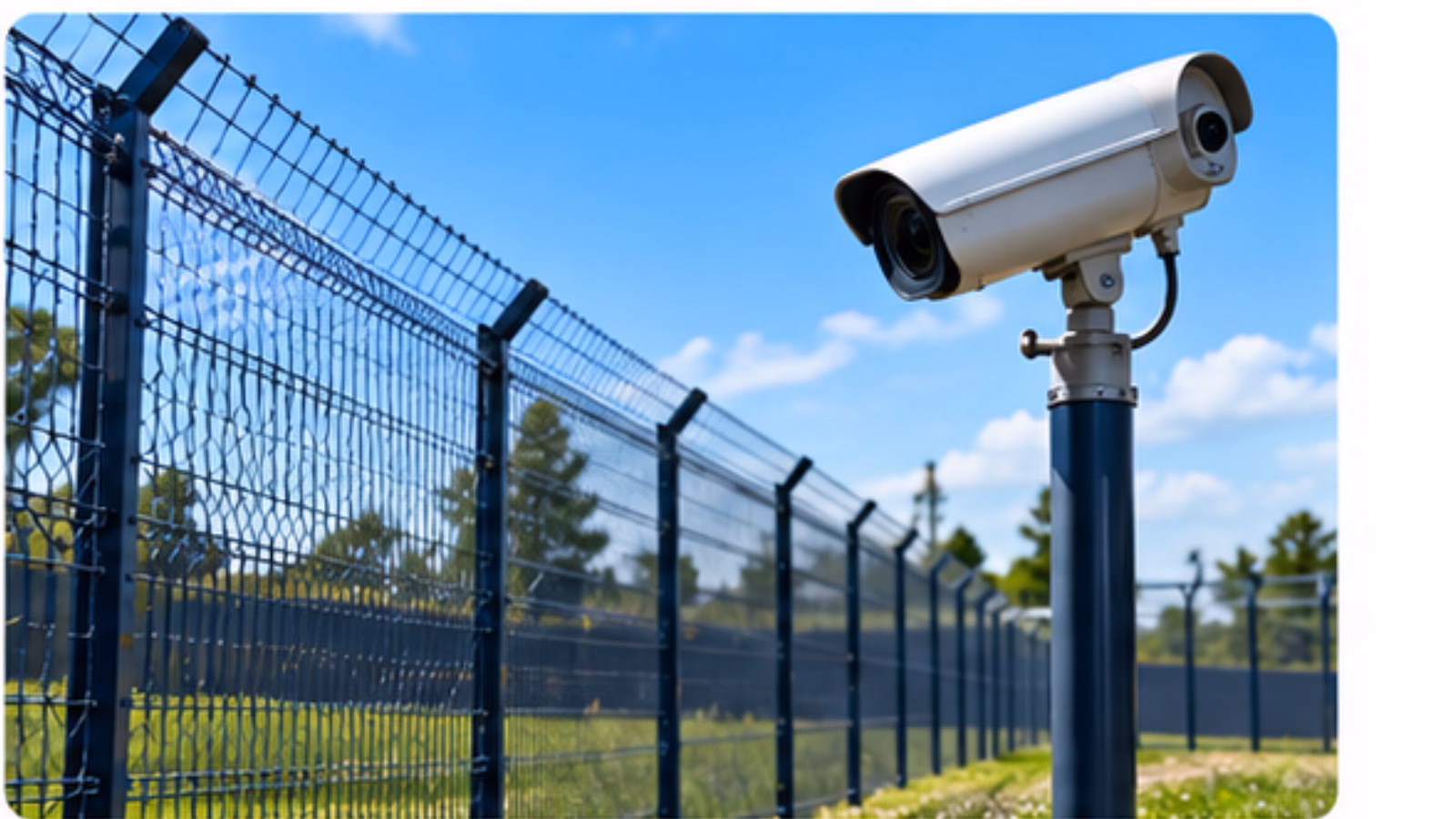 CCTV camera watching a warehouse perimeter fence