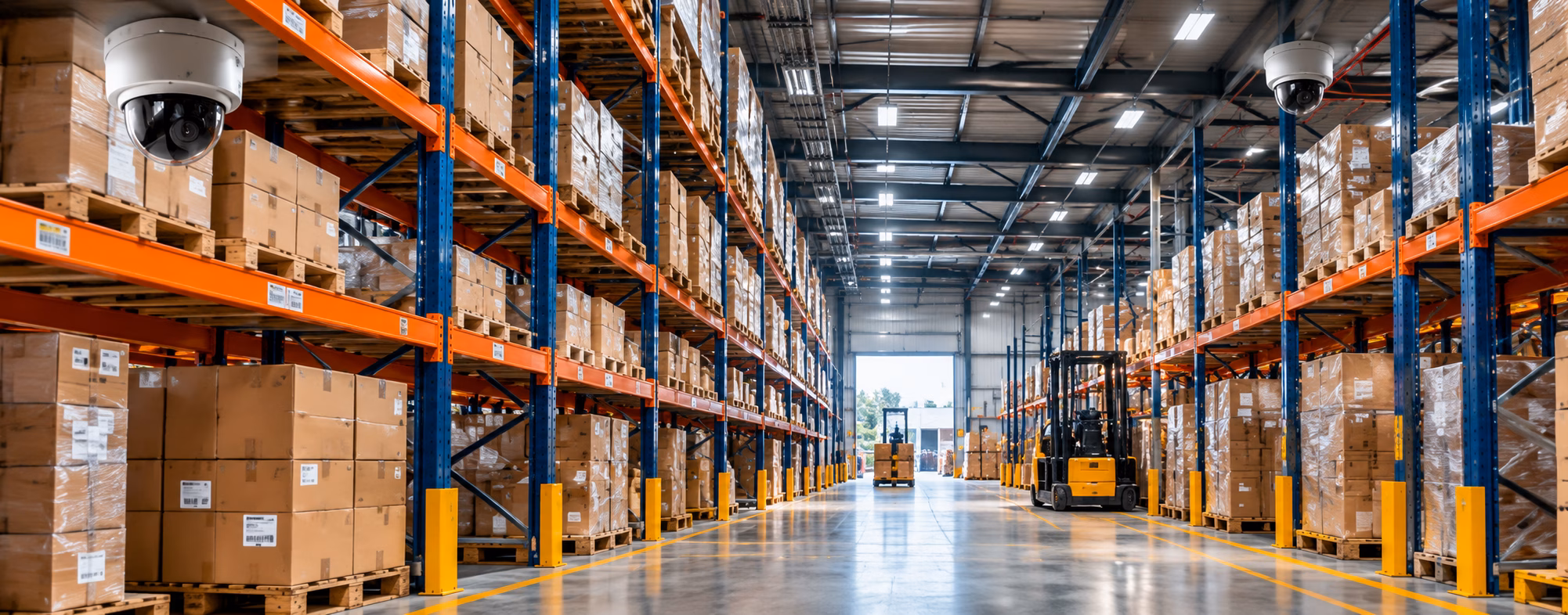 Warehouse storage racks and aisles monitored by CCTV