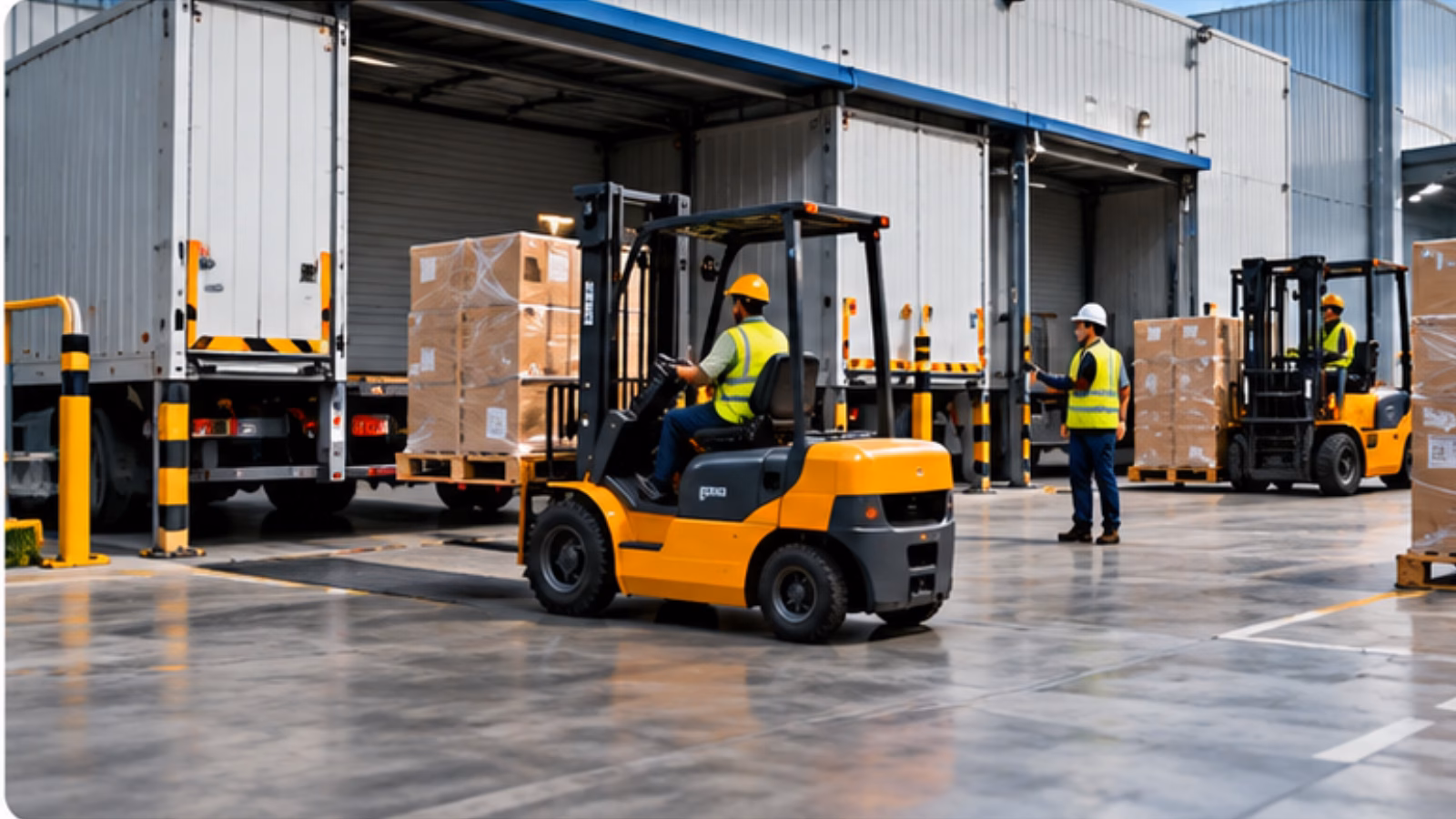 Forklifts and vehicles moving through a warehouse