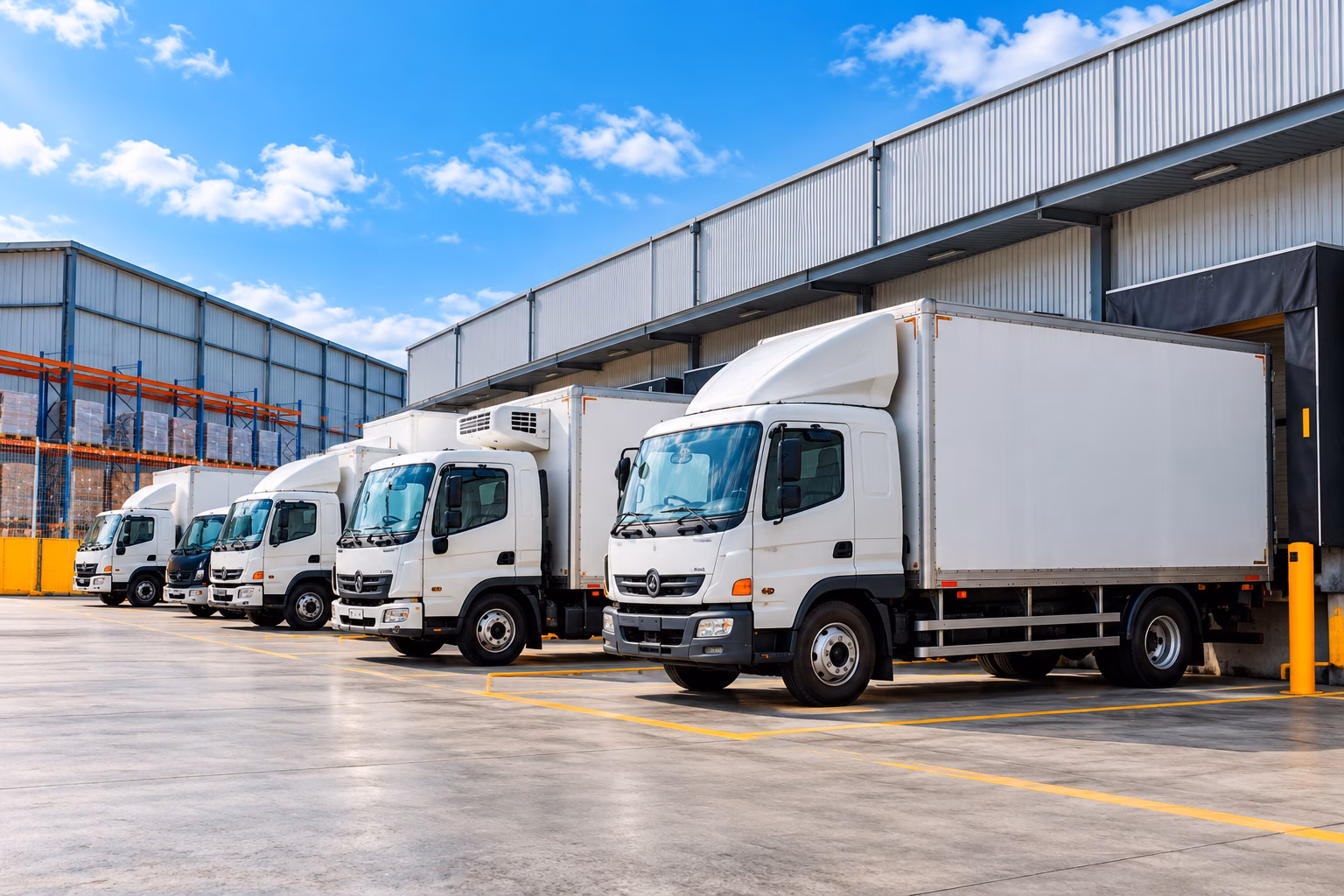 Trucks moving through a warehouse gate