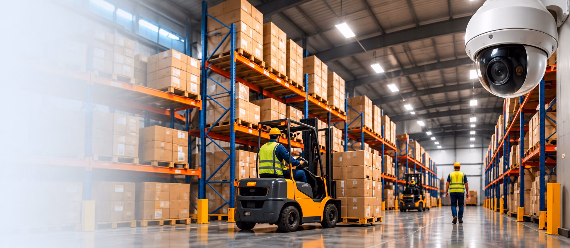 Dome CCTV camera above warehouse racks with forklifts and staff moving goods