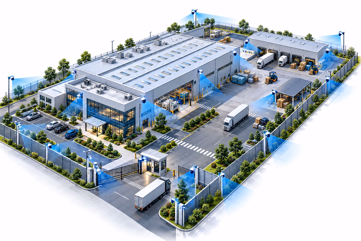Factory site with production, warehouse, office, parking, entry and loading zones marked for CCTV