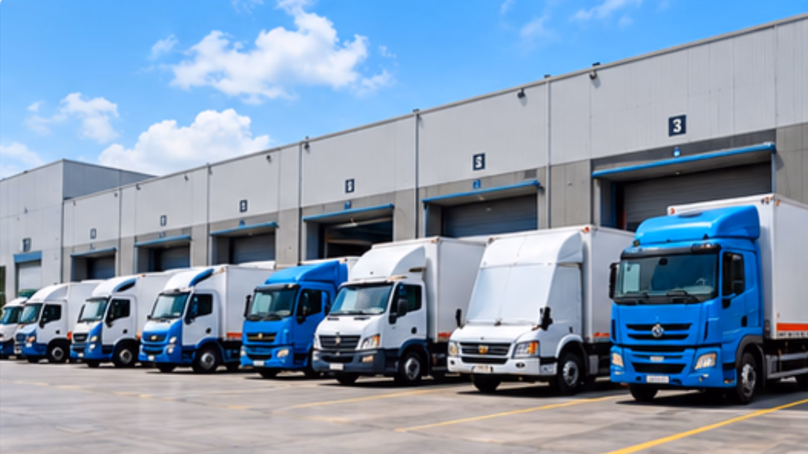 Trucks parked in a warehouse yard