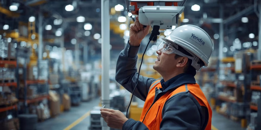 Yendra Technician installing CCTV camera system in a factory, a warehouse, an office