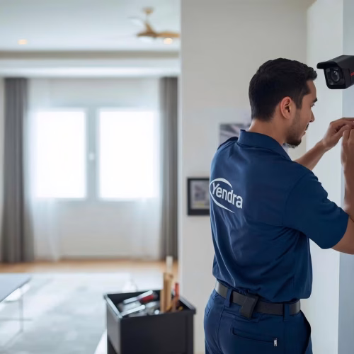 Yendra Technician installing CCTV camera system in aan apartment